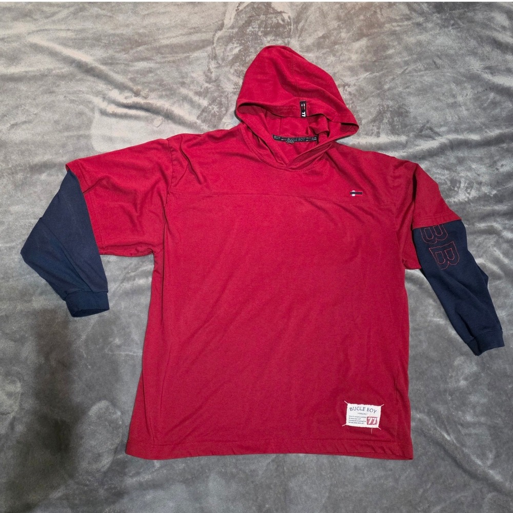 Vintage Bugle Boy Mens XL Red Navy Colorblock Hooded Long Sleeve T-Shirt 90s BB